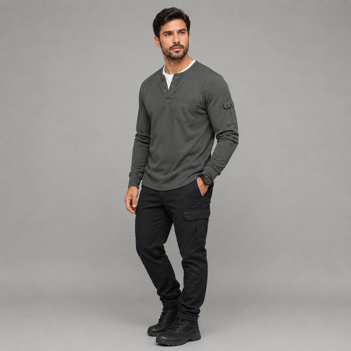 Men's Waffle Long Sleeve Henley Shirt – Casual Outdoor Utility Style