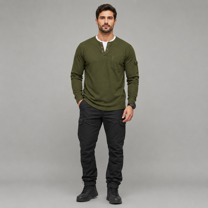 Men's Waffle Long Sleeve Henley Shirt – Casual Outdoor Utility Style