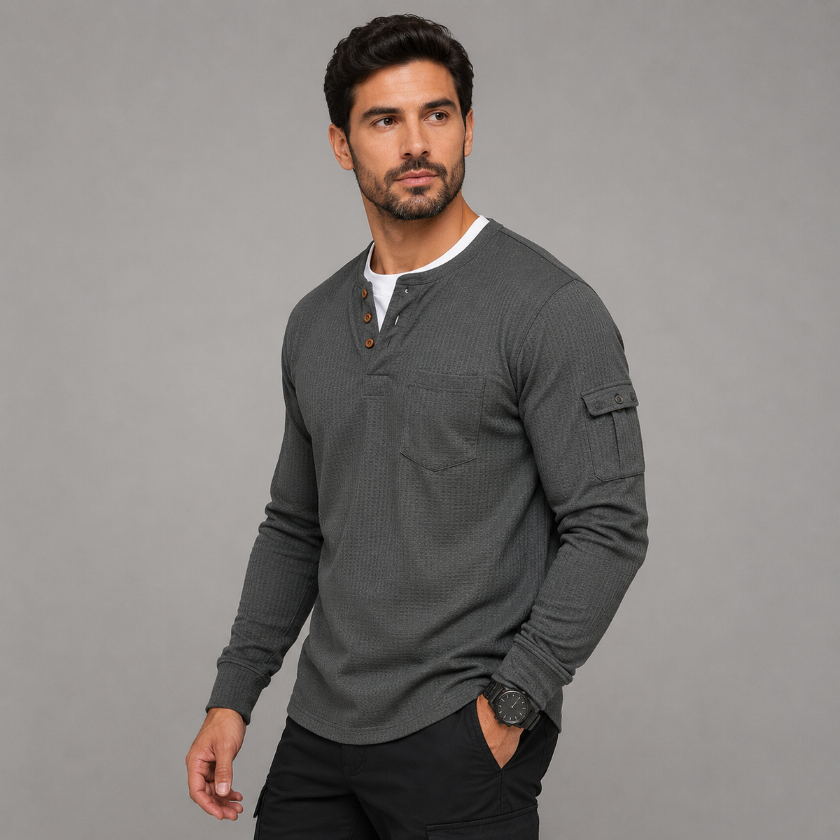 Men's Waffle Long Sleeve Henley Shirt – Casual Outdoor Utility Style