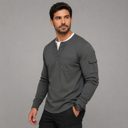 Men's Waffle Long Sleeve Henley Shirt – Casual Outdoor Utility Style
