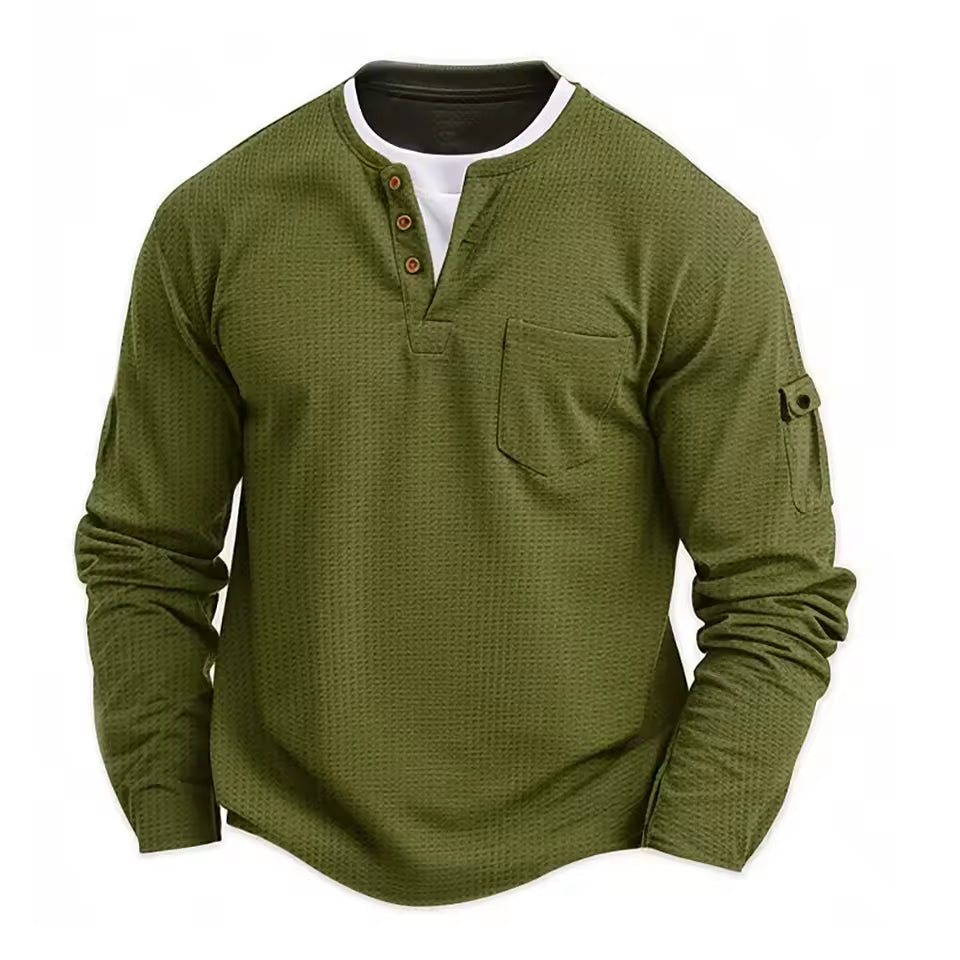 Men's Waffle Long Sleeve Henley Shirt – Casual Outdoor Utility Style