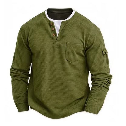 Men's Waffle Long Sleeve Henley Shirt – Casual Outdoor Utility Style