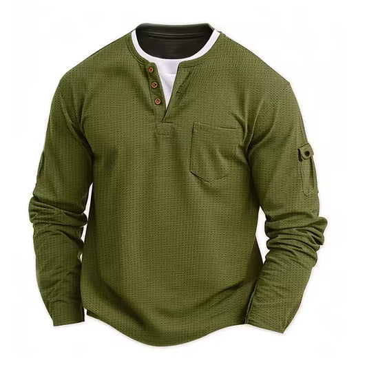Men's Waffle Long Sleeve Henley Shirt – Casual Outdoor Utility Style