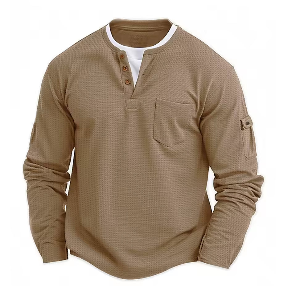 Men's Waffle Long Sleeve Henley Shirt – Casual Outdoor Utility Style