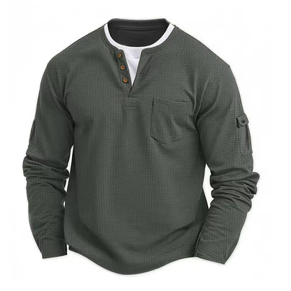 Men's Waffle Long Sleeve Henley Shirt – Casual Outdoor Utility Style