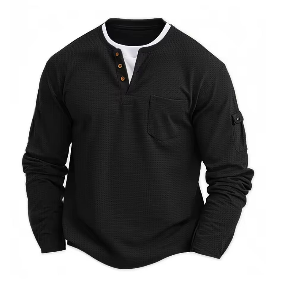 Men's Waffle Long Sleeve Henley Shirt – Casual Outdoor Utility Style