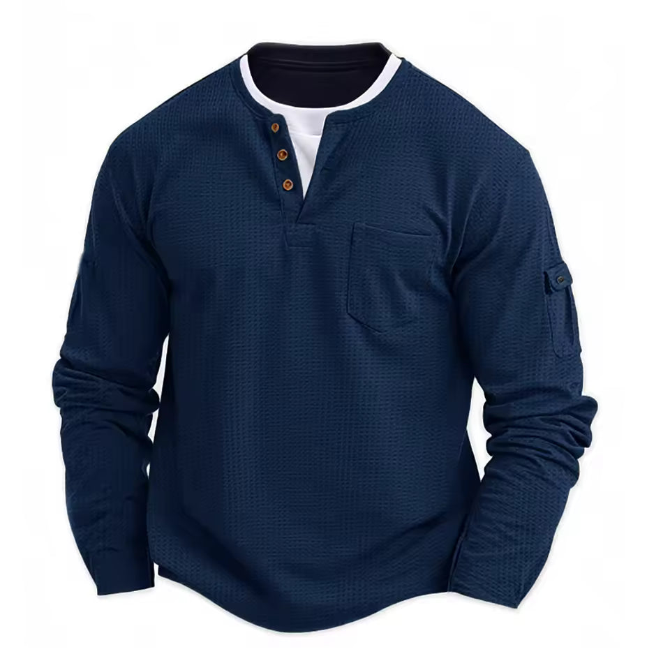 Men's Waffle Long Sleeve Henley Shirt – Casual Outdoor Utility Style