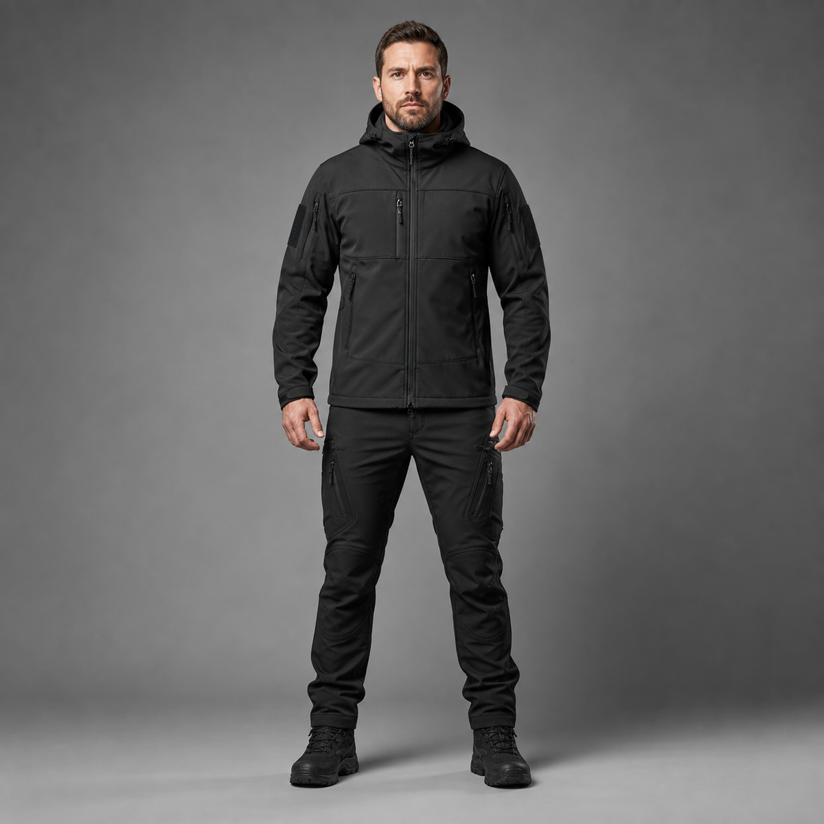 Man wearing black softshell jacket and utility trousers, full-body frontal studio view