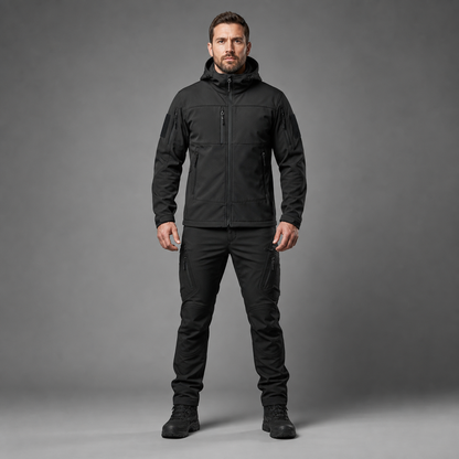 Man wearing black softshell jacket and utility trousers, full-body frontal studio view