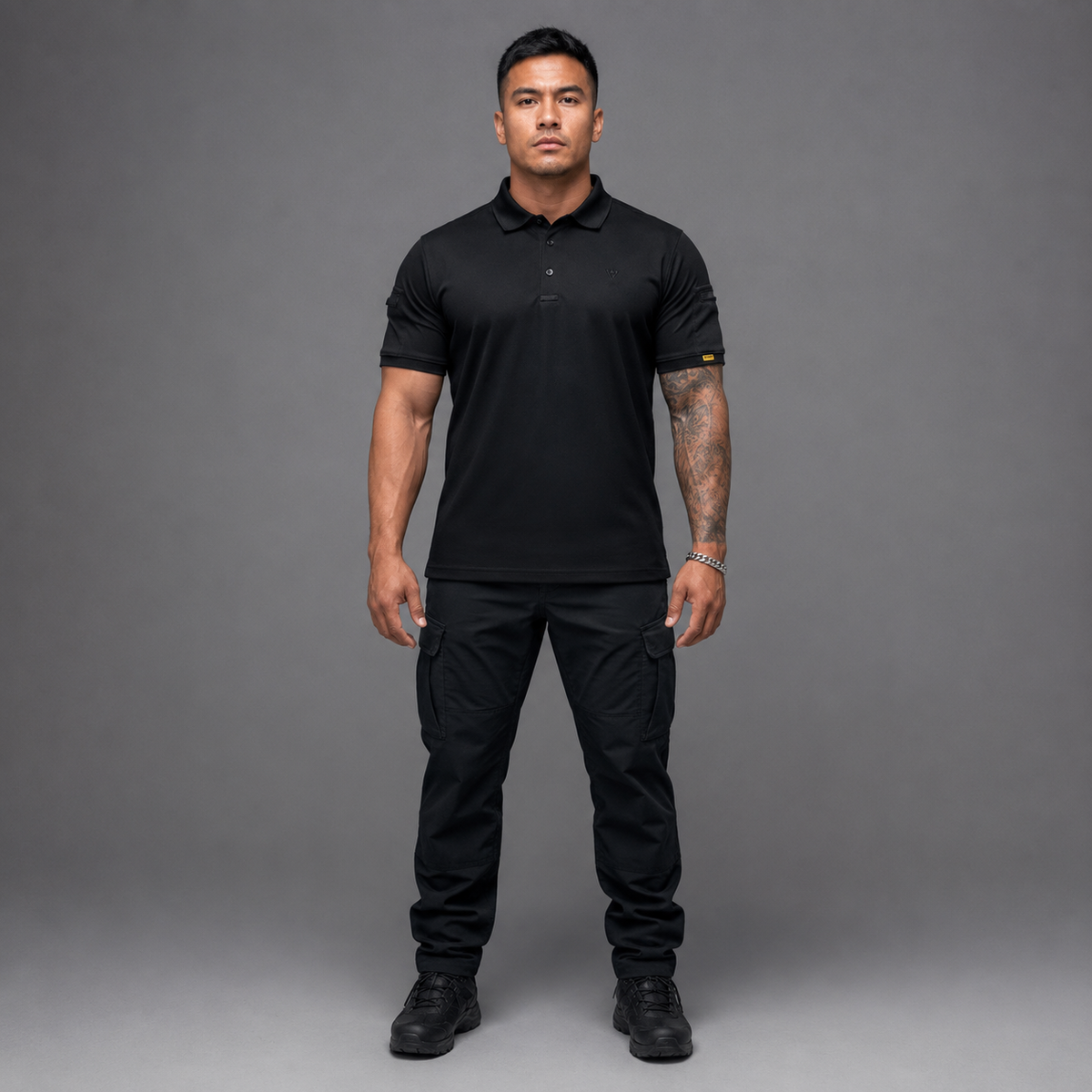 Black men’s quick-dry polo shirt, full-body front model view