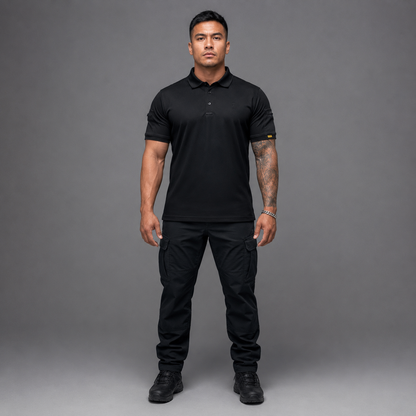 Black men’s quick-dry polo shirt, full-body front model view
