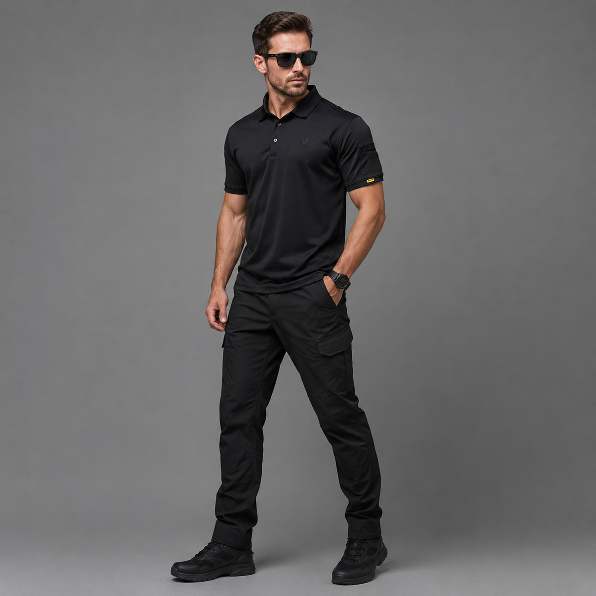 Black men’s quick-dry polo shirt, full-body three-quarter model view
