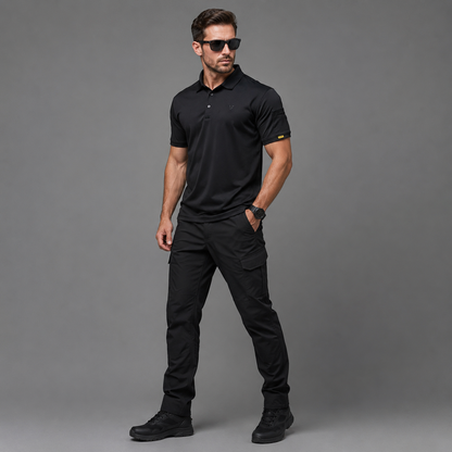 Black men’s quick-dry polo shirt, full-body three-quarter model view