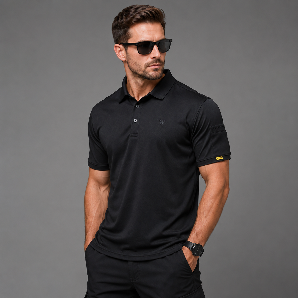 Black men’s quick-dry polo shirt, front three-quarter model view