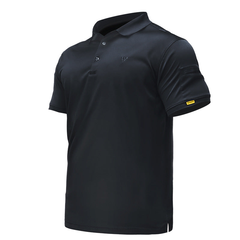 Black men’s quick-dry polo shirt, front three-quarter product view on white