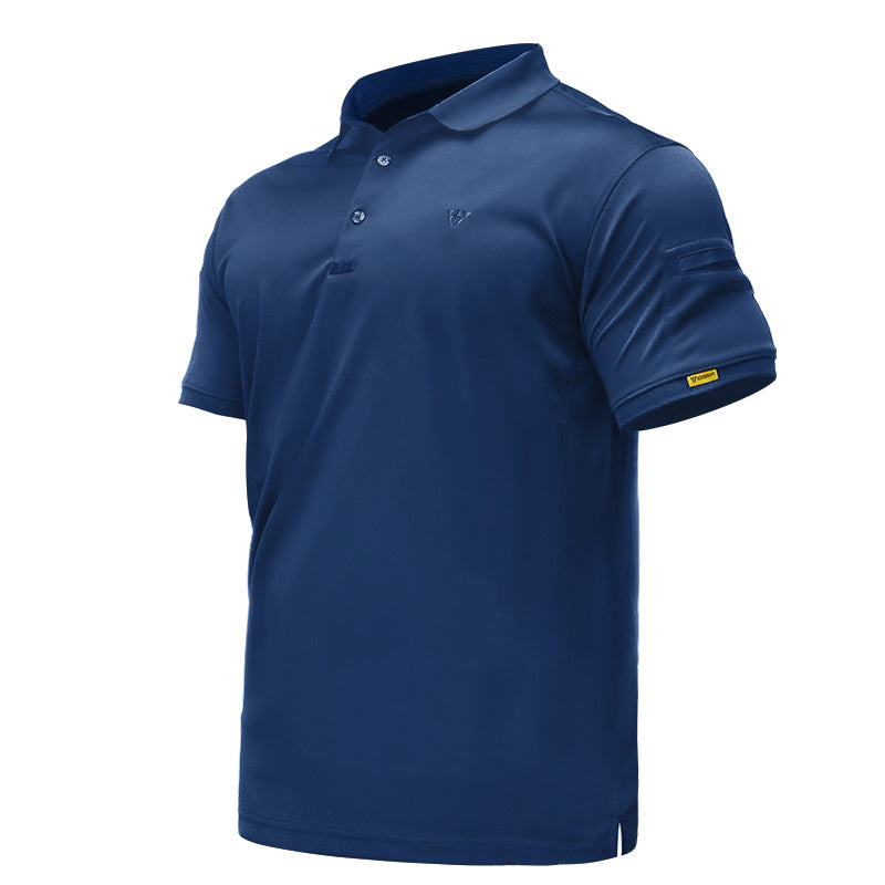 Blue men’s quick-dry polo shirt, front three-quarter product view on white