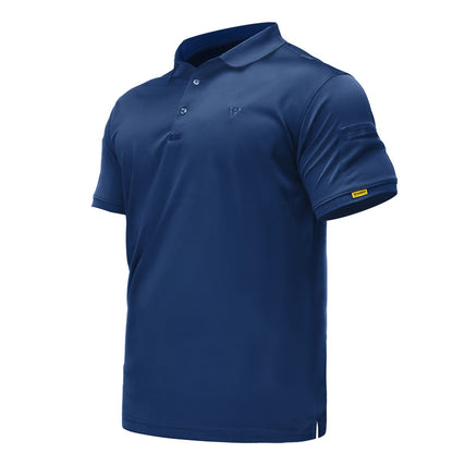 Blue men’s quick-dry polo shirt, front three-quarter product view on white