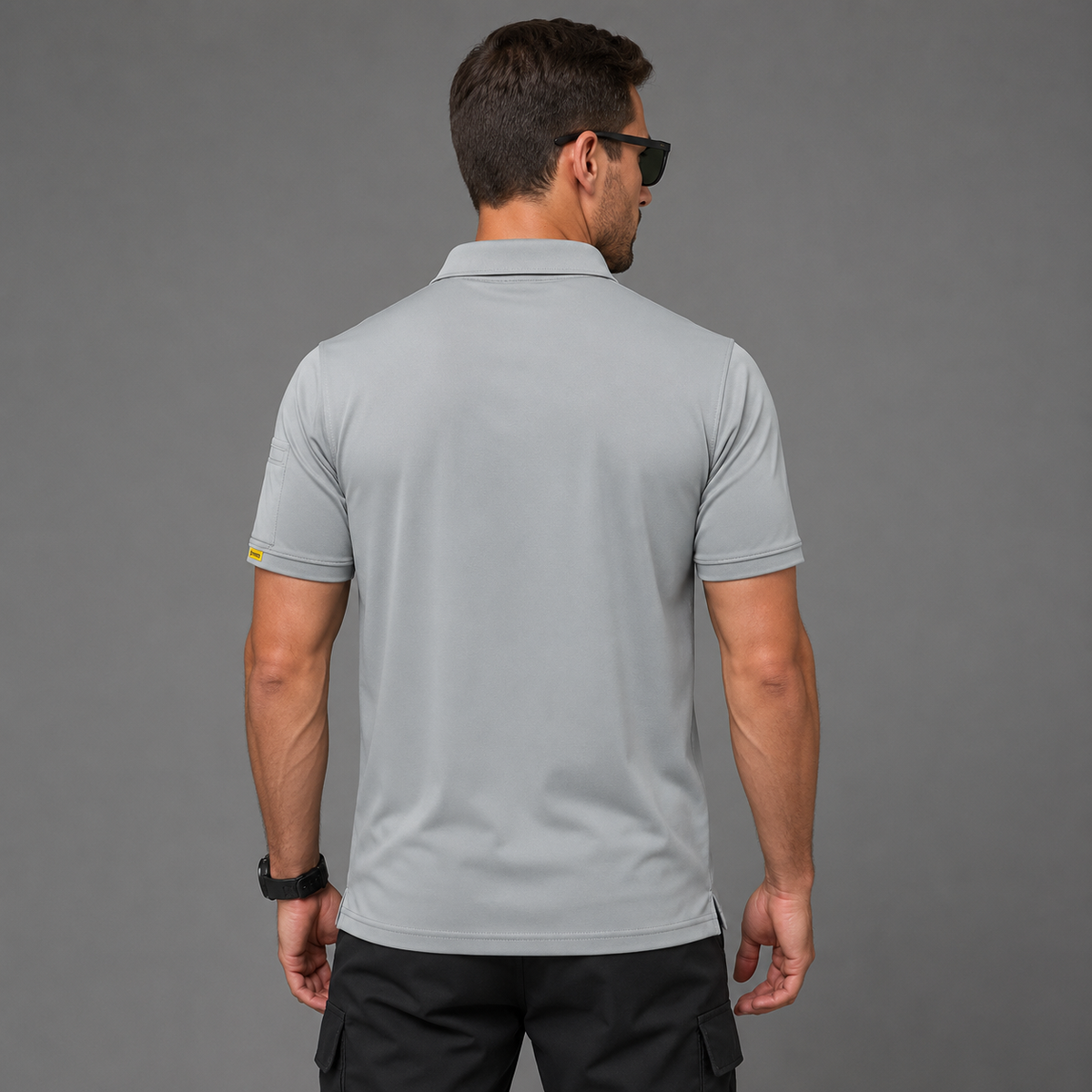 Gray men’s quick-dry polo shirt, rear model view