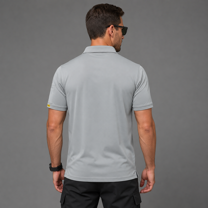 Gray men’s quick-dry polo shirt, rear model view