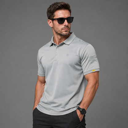 Gray men’s quick-dry polo shirt, front three-quarter model view