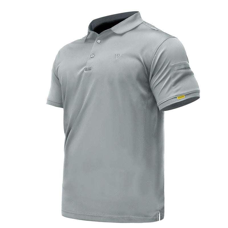 Gray men’s quick-dry polo shirt, front three-quarter product view on white