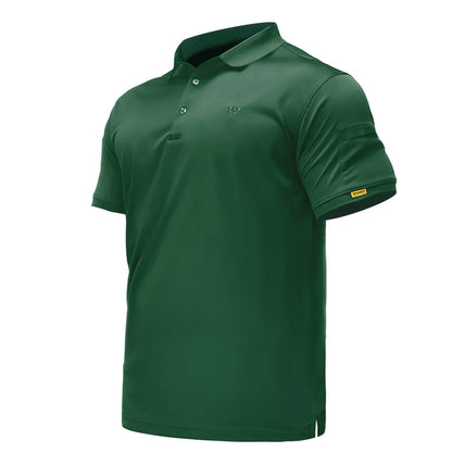 Green men’s quick-dry polo shirt, front three-quarter product view on white
