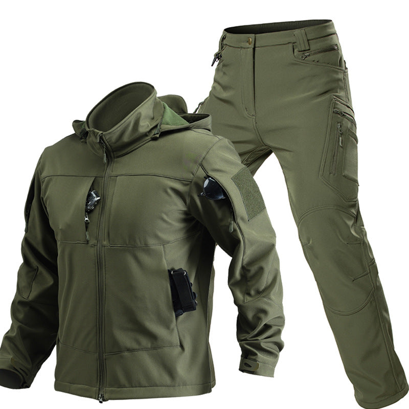 Men's green softshell jacket and matching utility trousers set, front product view on white