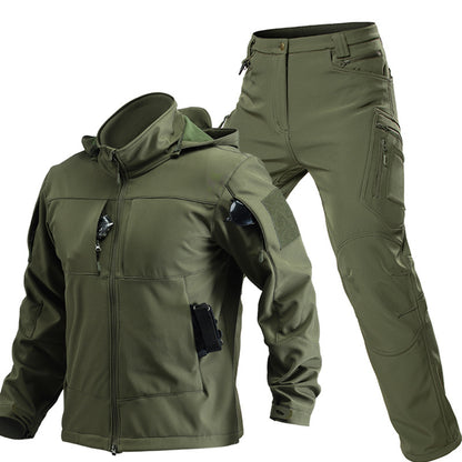 Men's green softshell jacket and matching utility trousers set, front product view on white