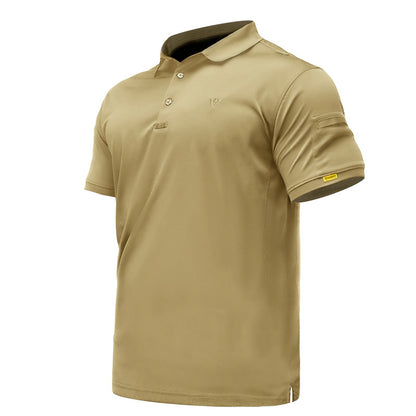 Khaki men’s quick-dry polo shirt, front three-quarter product view on white