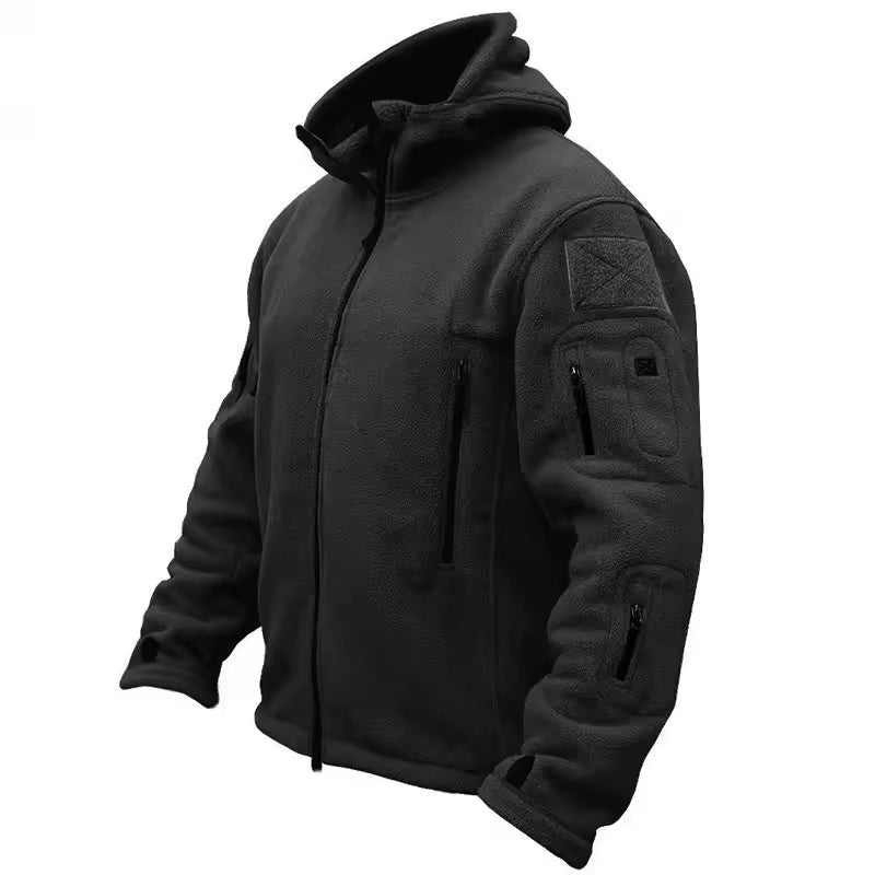 Black men's tactical thermal fleece jacket product view on white background