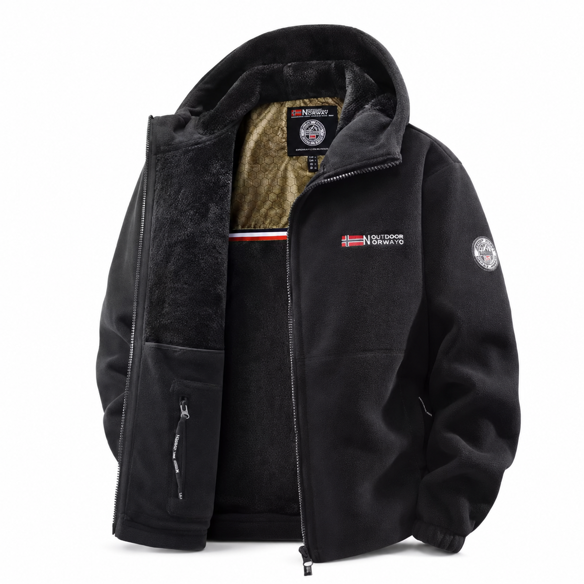 Black men's thermal fleece jacket product view on white background