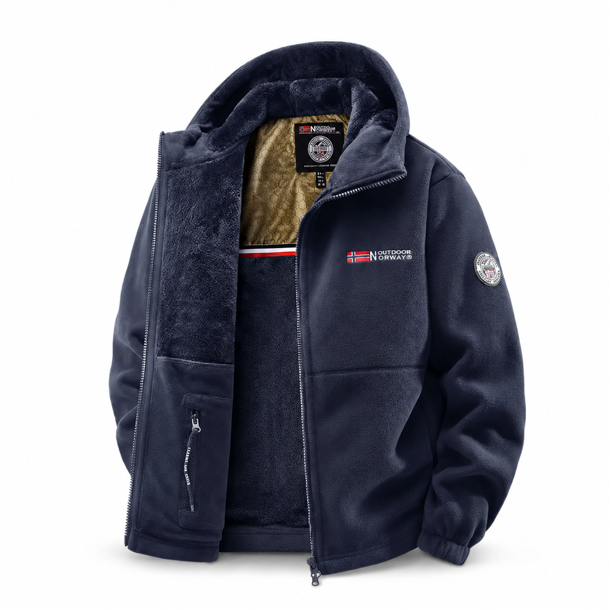 Blue men's thermal fleece jacket product view on white background