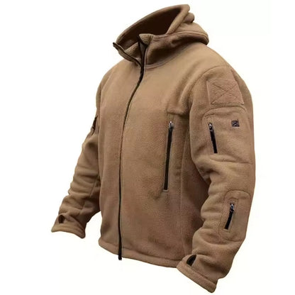 Brown men's tactical thermal fleece jacket product view on white background
