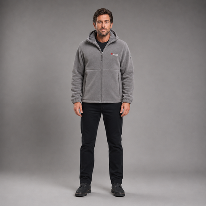 Man wearing gray thermal fleece jacket in full-body front studio view