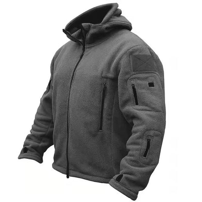 Gray men's tactical thermal fleece jacket product view on white background