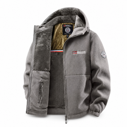 Gray men's thermal fleece jacket product view on white background