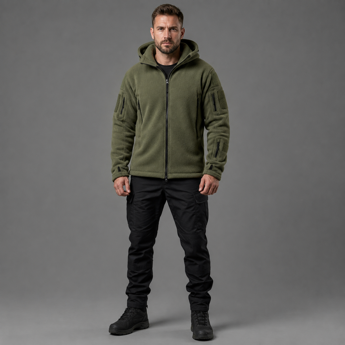Man wearing green tactical thermal fleece jacket in full-body front studio view