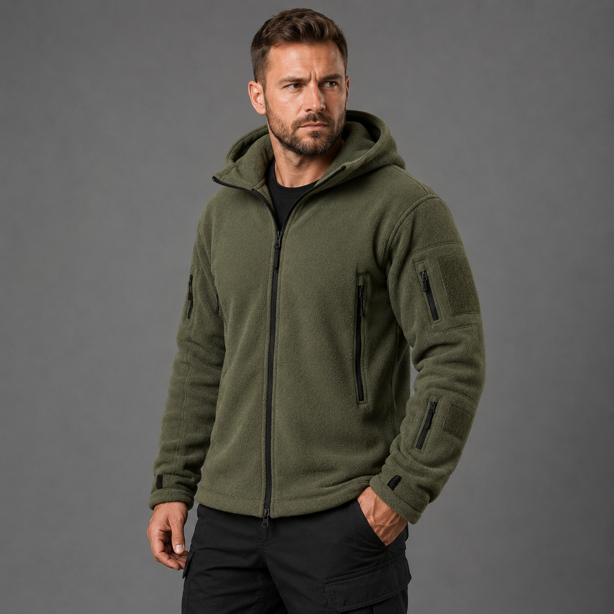 Man wearing green tactical thermal fleece jacket in three-quarter studio view