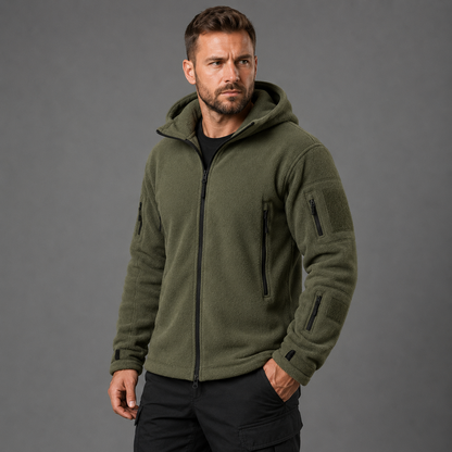Man wearing green tactical thermal fleece jacket in three-quarter studio view