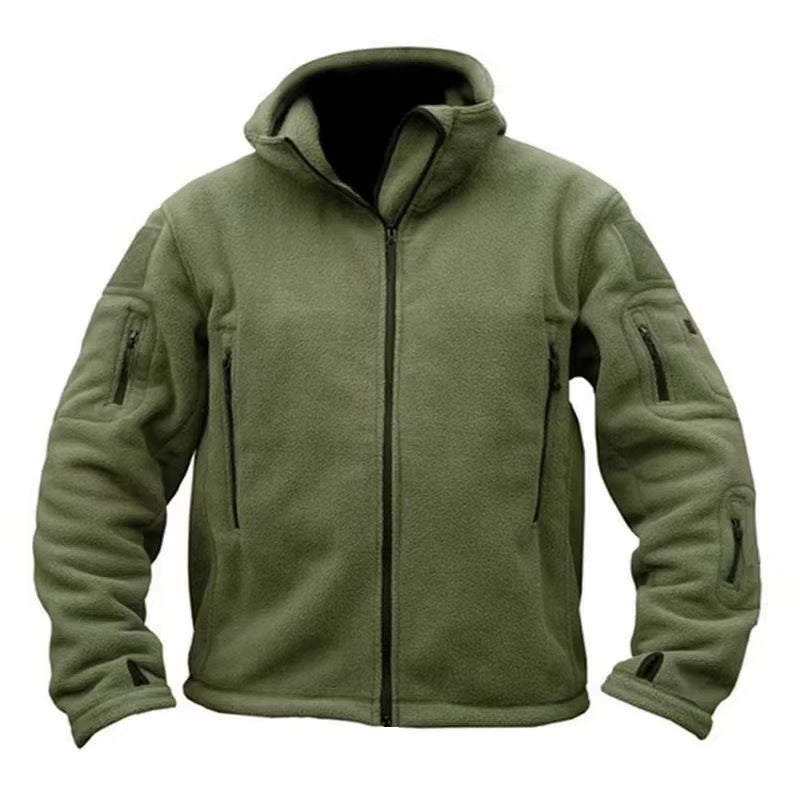 Green men's tactical thermal fleece jacket front product view on white background
