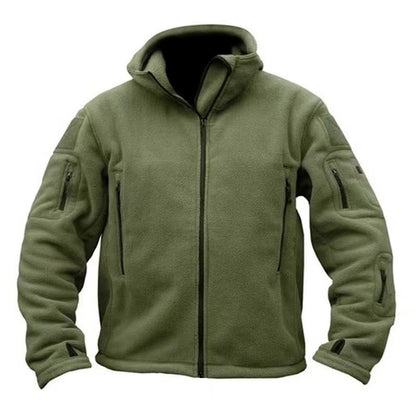 Green men's tactical thermal fleece jacket front product view on white background