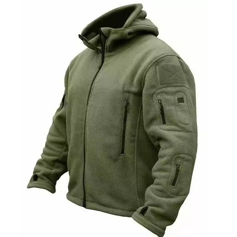 Green men's tactical thermal fleece jacket product three-quarter view