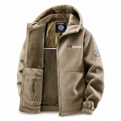 Khaki men's thermal fleece jacket product view on white background
