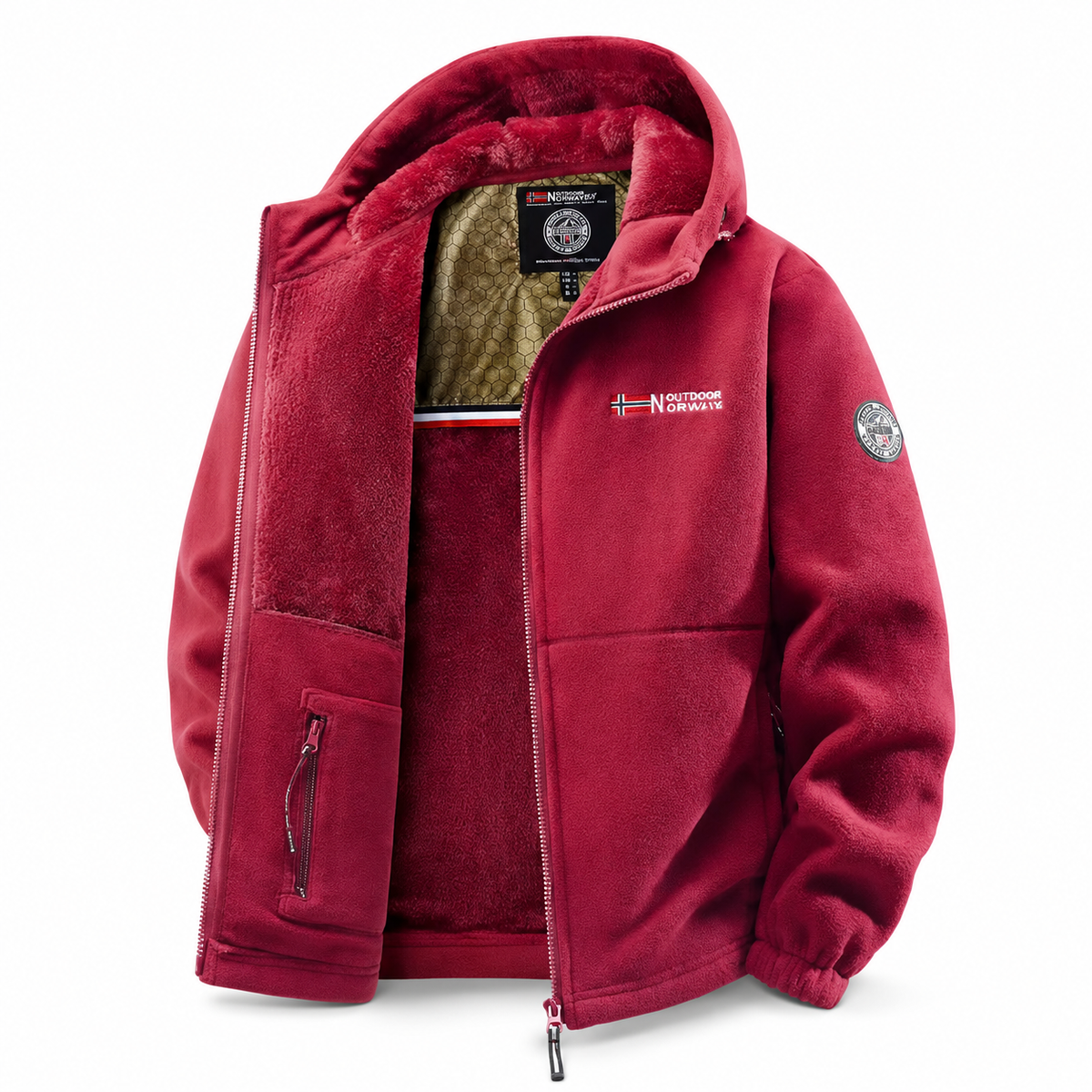 Red men's thermal fleece jacket product view on white background