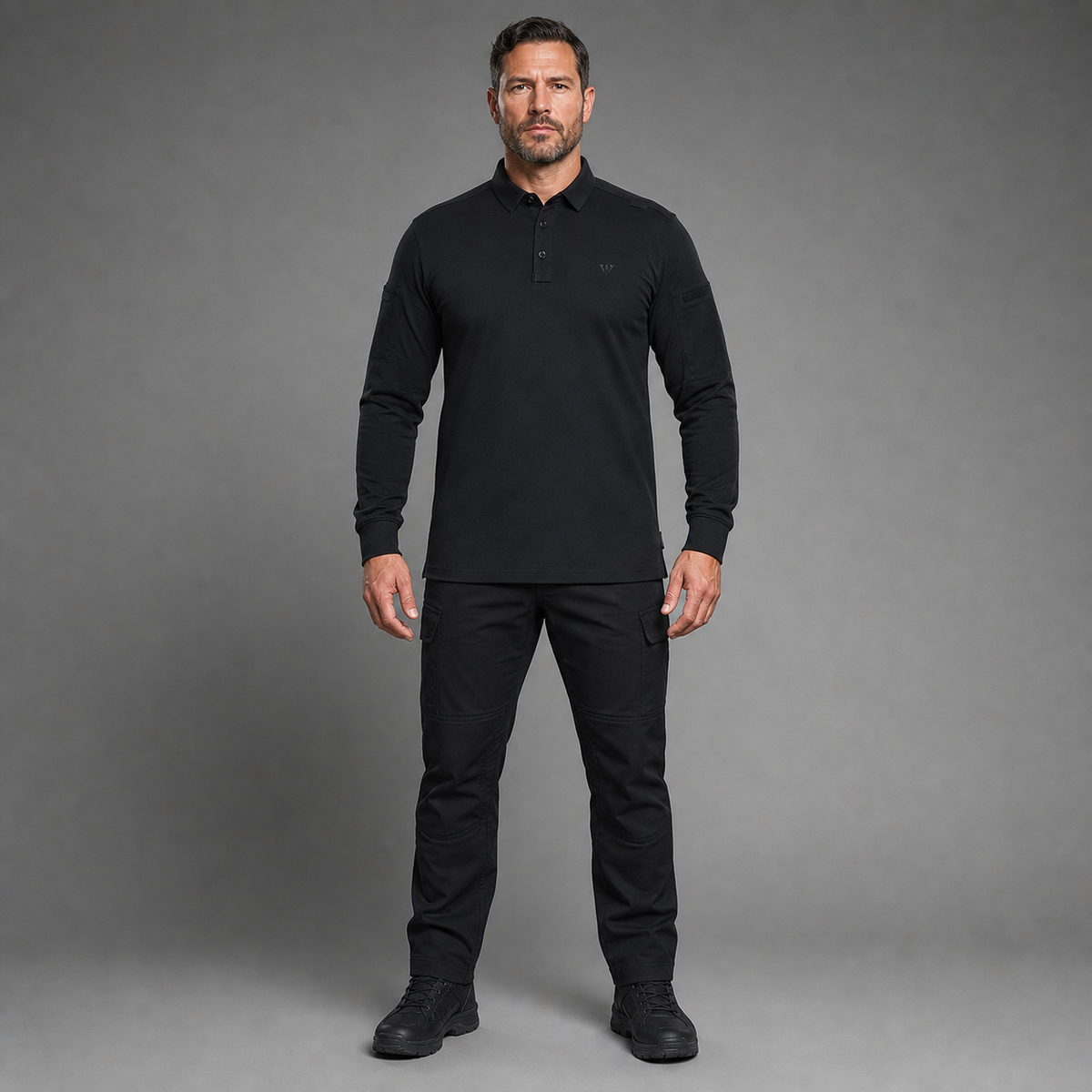 Black tactical polo, full-body front studio view