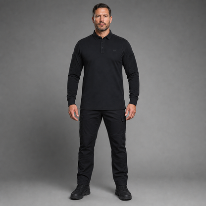 Black tactical polo, full-body front studio view