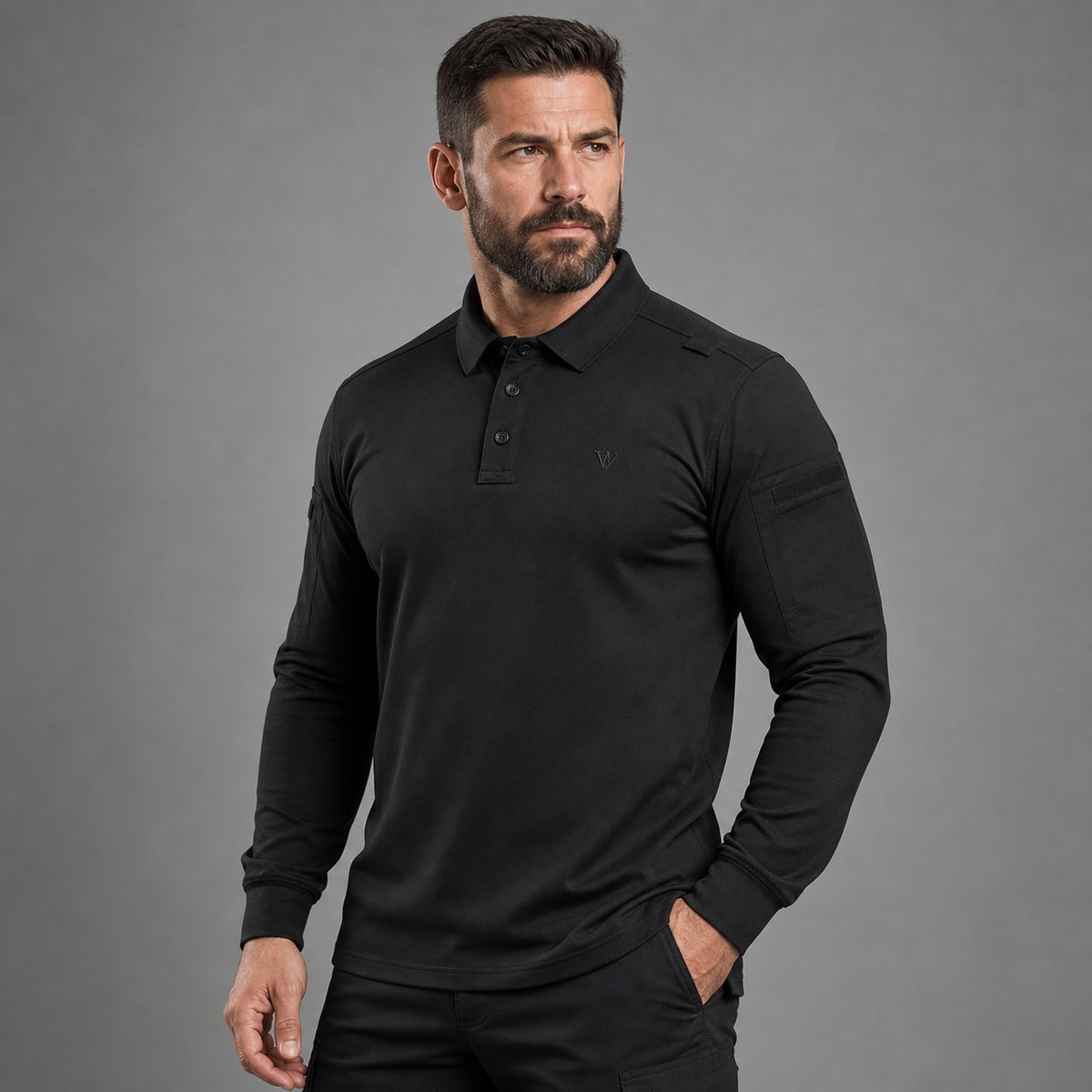 Black tactical polo, half-body three-quarter studio view