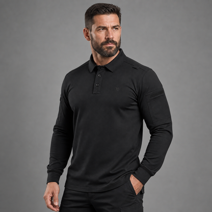 Black tactical polo, half-body three-quarter studio view