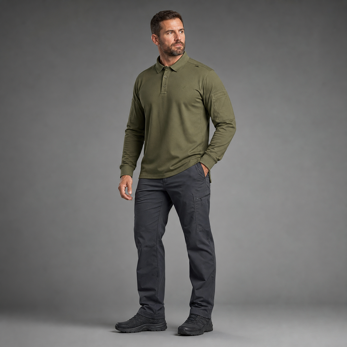 Green tactical polo, full-body three-quarter studio view