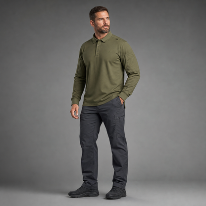 Green tactical polo, full-body three-quarter studio view